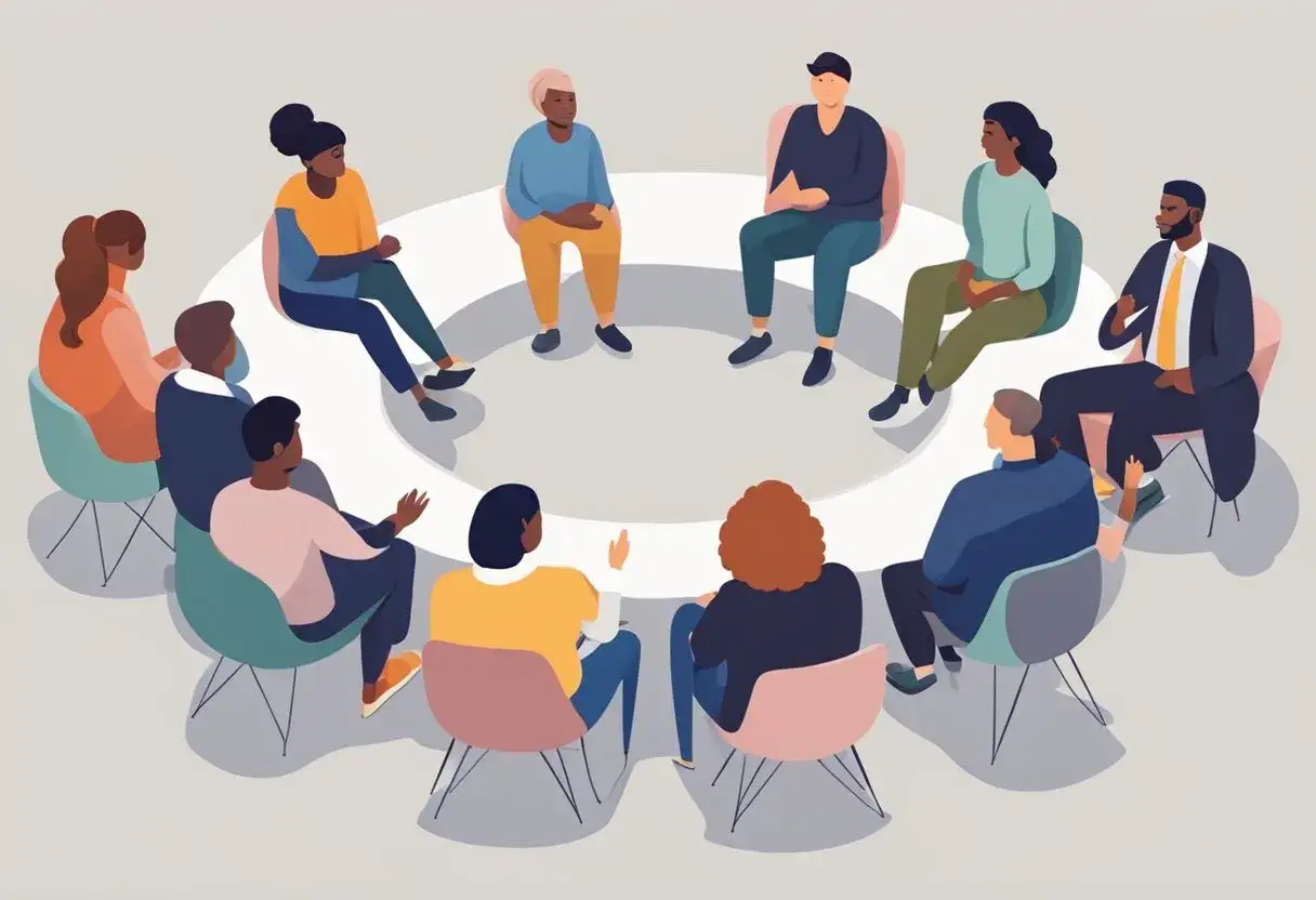 Grupa ludzi siedzi w kręgu, słuchając siebie nawzajem i pr&oacute;bując **rezonować z kimś**.