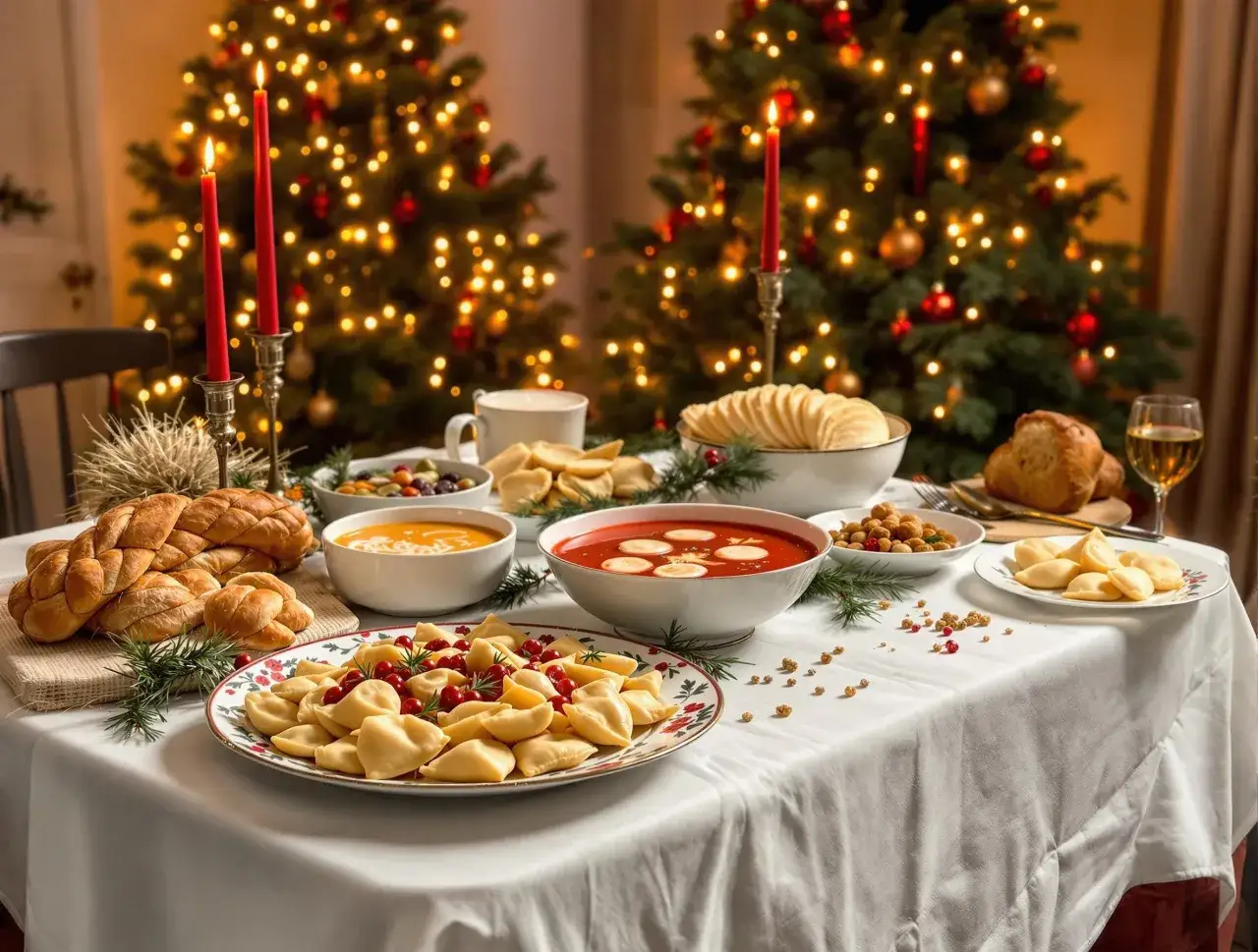 Świąteczny st&oacute;ł z pierogami, zupami i pieczywem, w tle choinki. Idealna inspiracja, co ugotować na święta.
