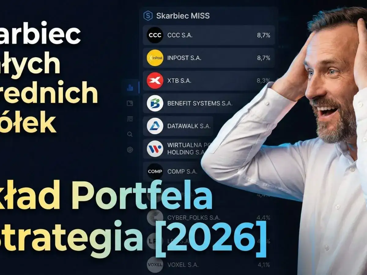 Skarbiec top brands: mężczyzna cieszy się z wyników portfela inwestycyjnego. Widoczny wykres z nazwami spółek i procentami.