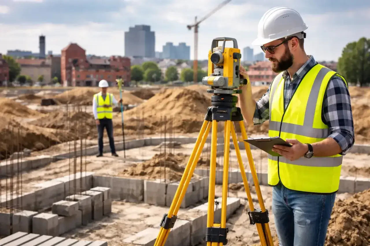 Geodeta na budowie domu, sprawdzający pomiary. Zastanawiasz się, ile kosztuje geodeta przy budowie domu?