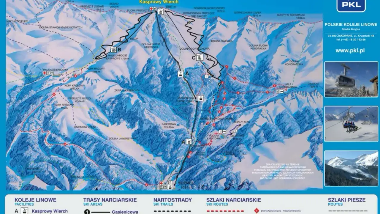 Mapa Kasprowy Wierch ski. Pokazuje trasy narciarskie, szlaki piesze, kolejki linowe i wyciągi.