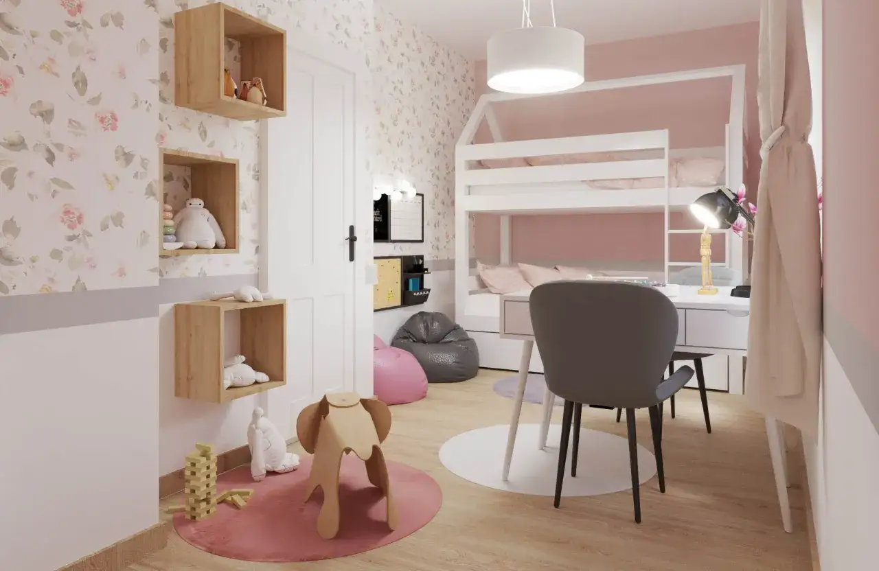 Uroczy pokój dla dwóch dziewczynek z piętrowym łóżkiem, biurkiem i mnóstwem pluszaków.