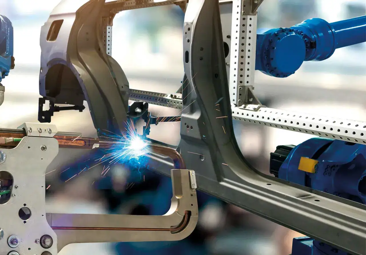 Zautomatyzowana linia produkcyjna spawa elementy karoserii samochodowej. Precyzyjne planowanie zapotrzebowania materiałowego kluczowe dla efektywności.