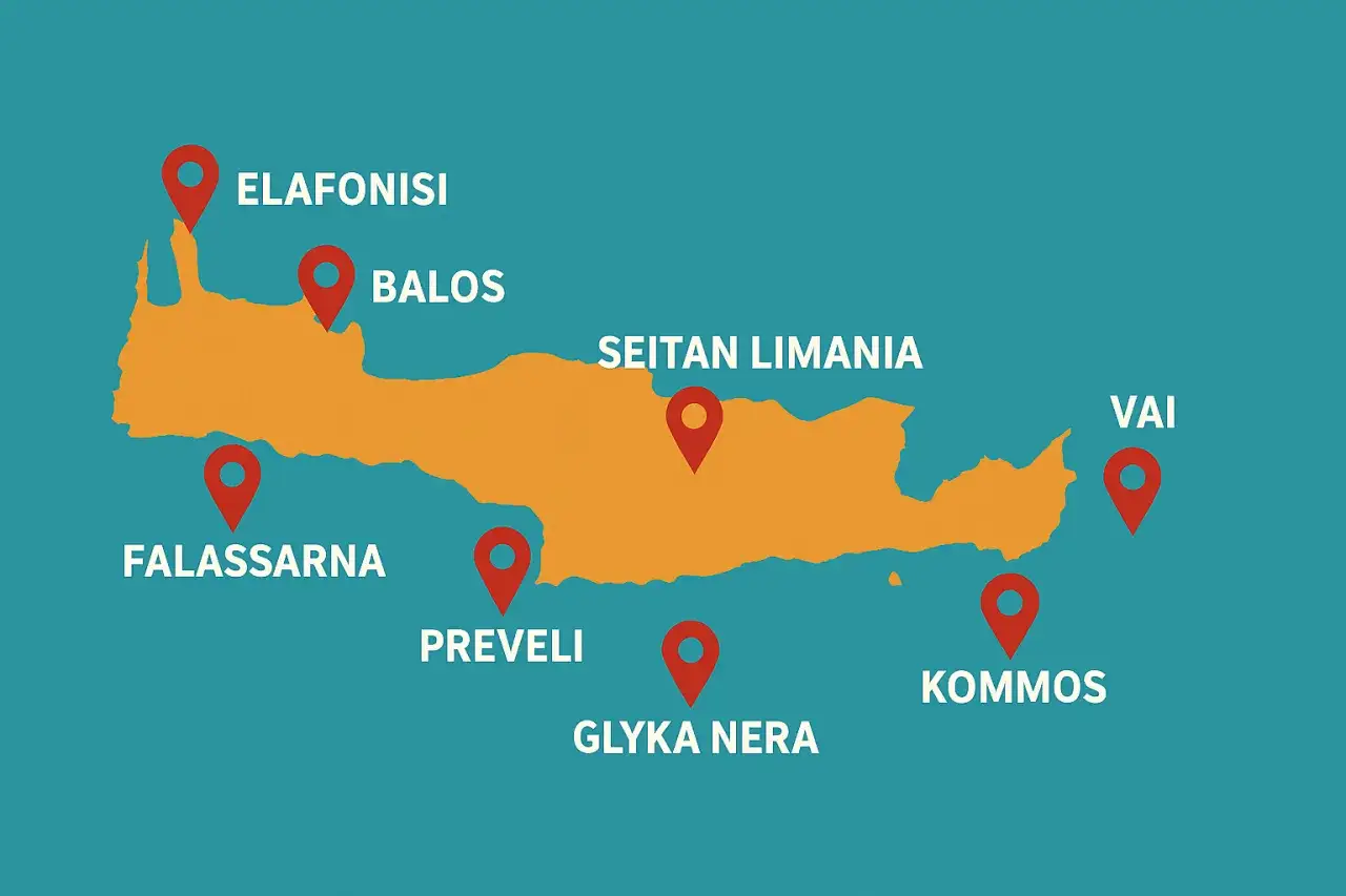Mapa Kret z zaznaczonymi popularnymi plażami: Elafonisi, Balos, Falassarna, Seitan Limania, Preveli, Glyka Nera, Kommos i Vai.