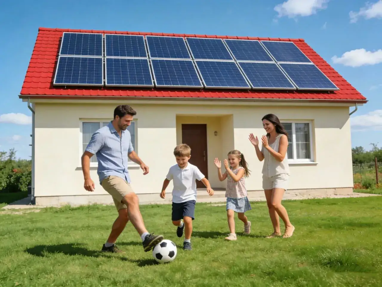 Rodzina gra w piłkę na trawniku przed domem z panelami fotowoltaicznymi na dachu. Czy fotowoltaika się opłaca? Tak, zapewnia energię i radość!