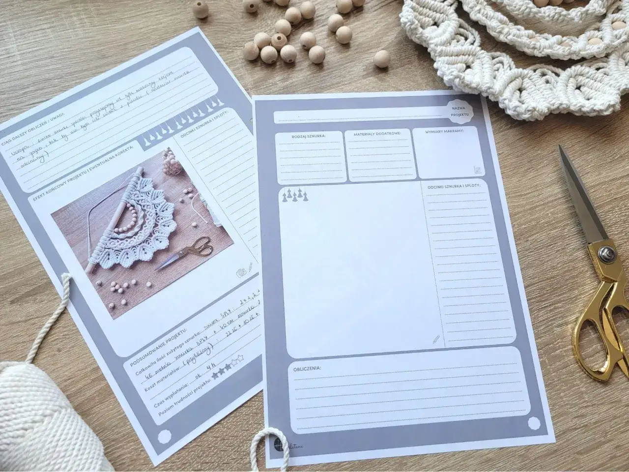 Planer makramy z miejscem na obliczenia, jak obliczyć długość sznurka do makramy, rodzaje sznurka i zużycie.