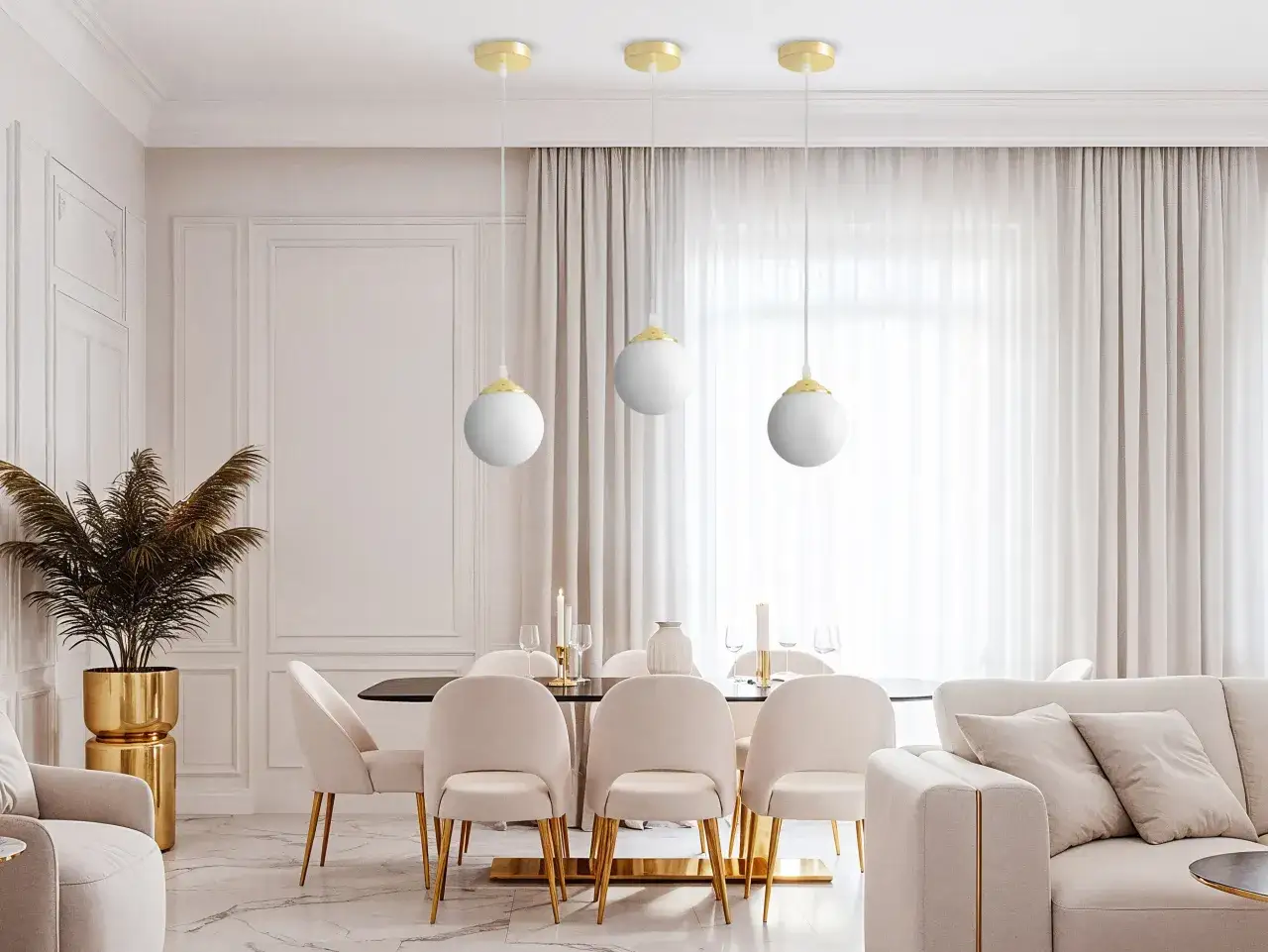 Eleganckie lampy do salonu wiszące nad stołem tworzą przytulną atmosferę. Wnętrze jest jasne, z dominacją beżu i złota.