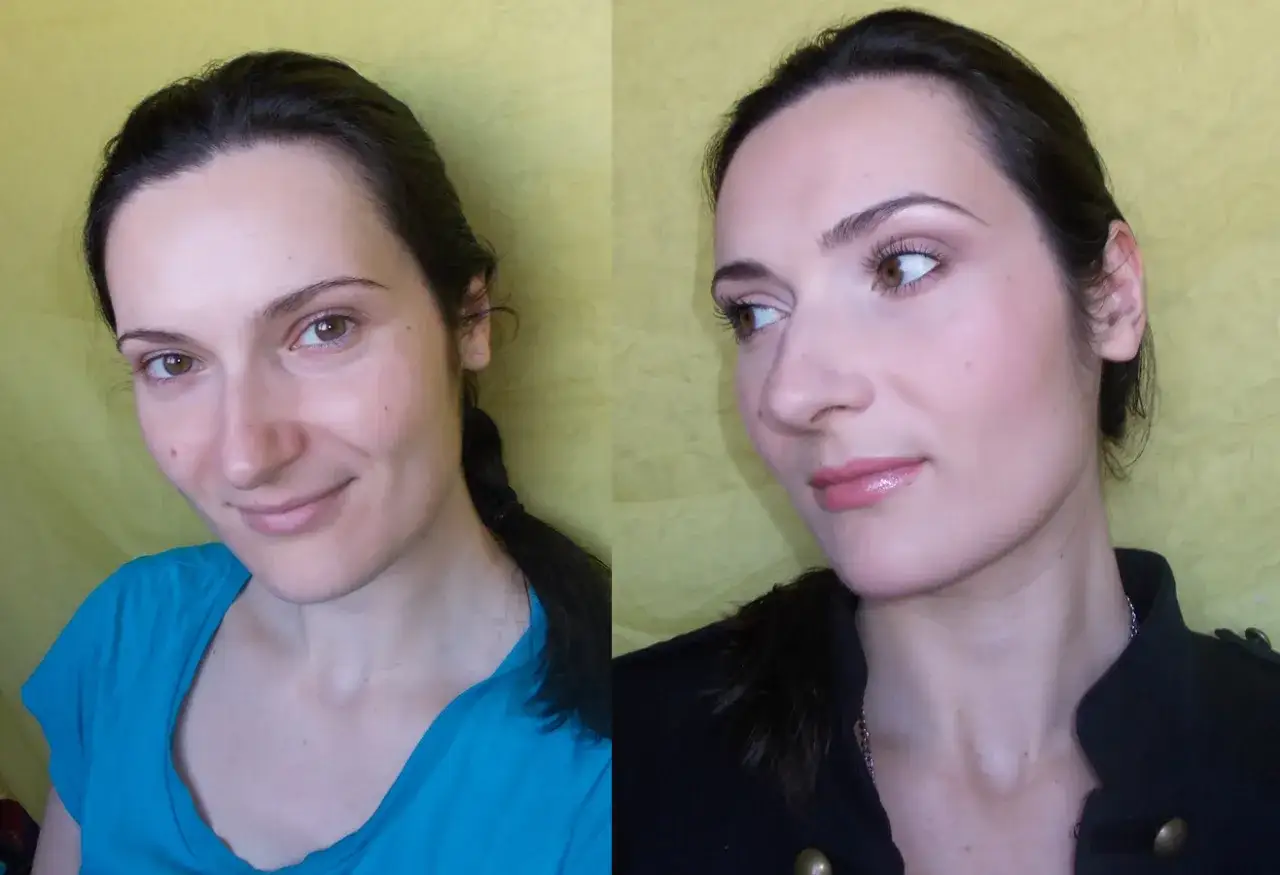 Picie wody efekty cera: porównanie twarzy przed i po makijażu. Zdjęcie po prawej pokazuje wygładzoną cerę.