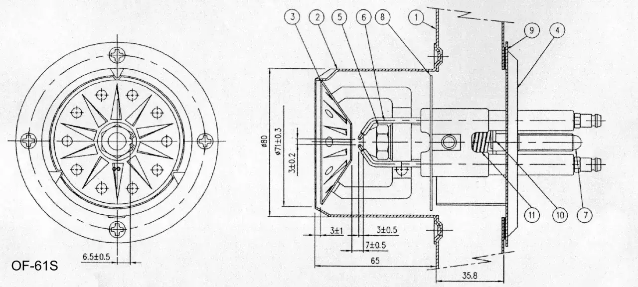Schemat nagrzewnicy olejowej OF-61S z widokiem z przodu i przekrojem bocznym, pokazujący jej budowę i wymiary.