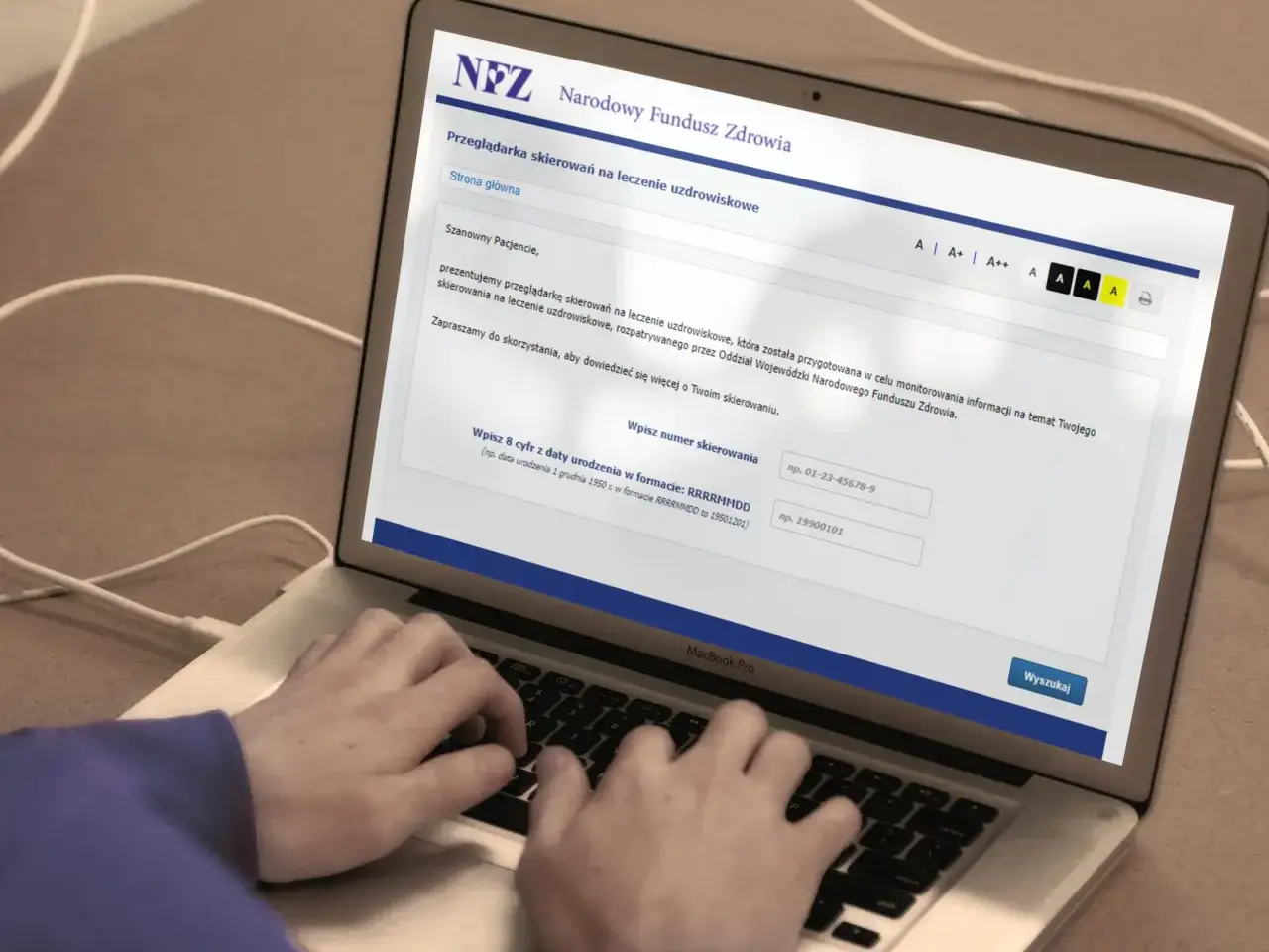 Strona NFZ do sprawdzania numeru w kolejce do sanatorium. Wpisz dane, by sprawdzić status skierowania.