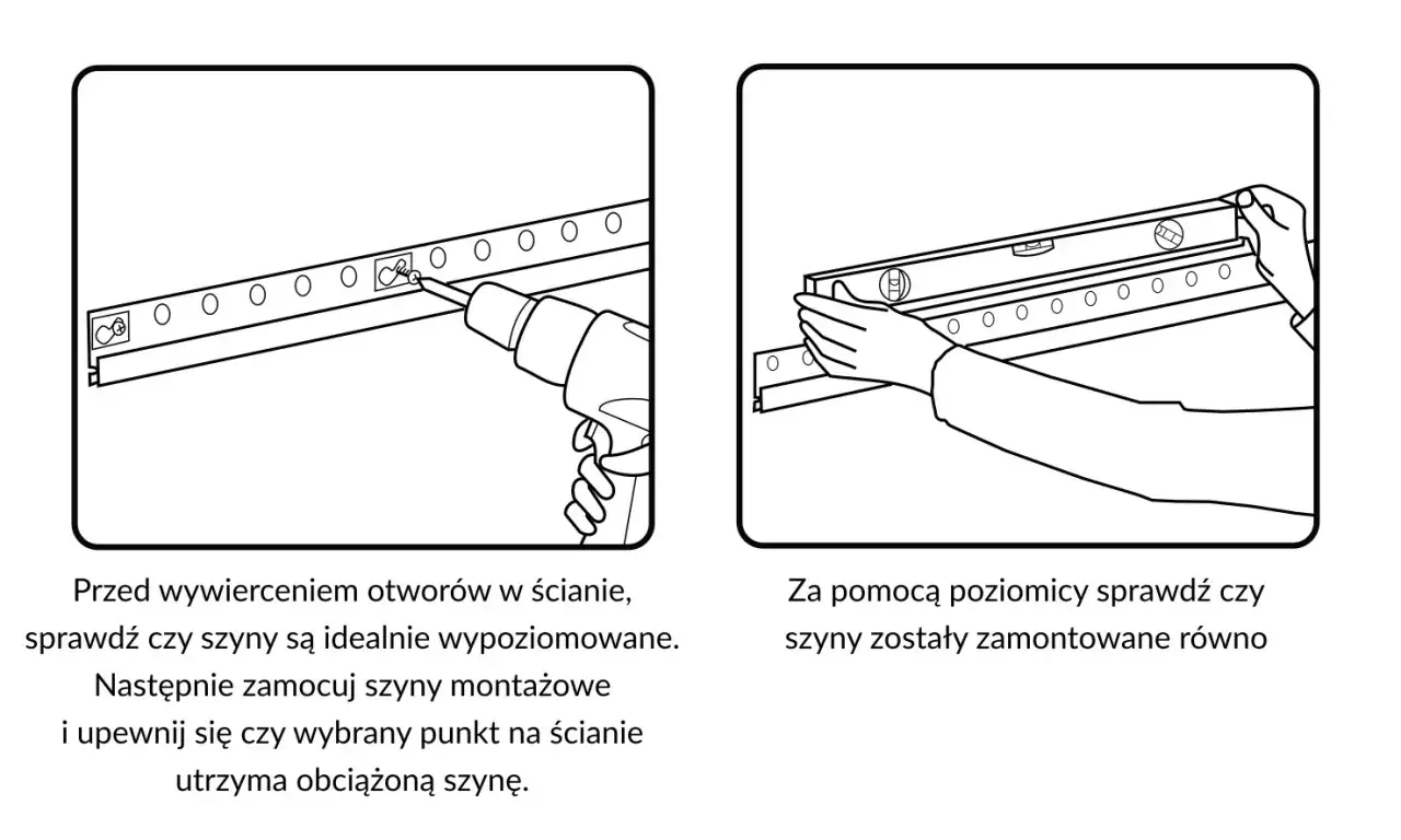 Instrukcja jak wieszać szafki kuchenne: wiercenie szyn montażowych i sprawdzanie ich poziomu poziomicą.