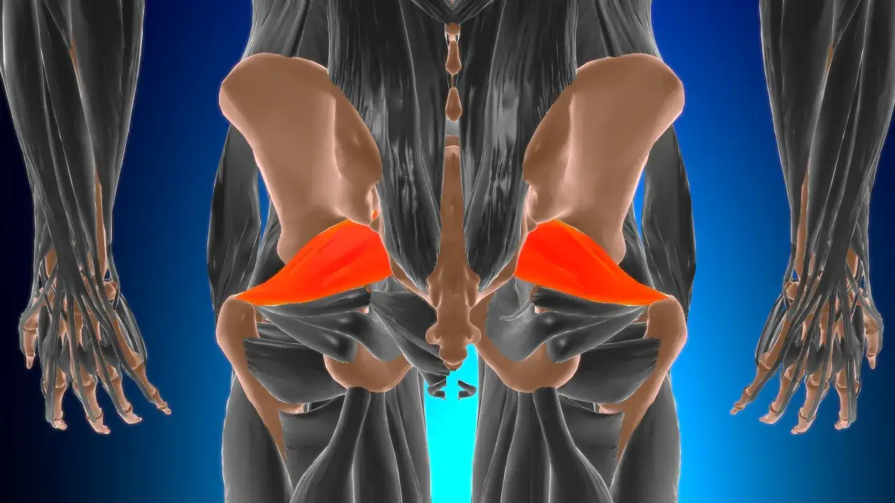 Anatomia mięśni miednicy, z wyróżnionym na czerwono mięśniem gruszkowatym. Pomocne w ćwiczeniach na mięsień gruszkowaty.