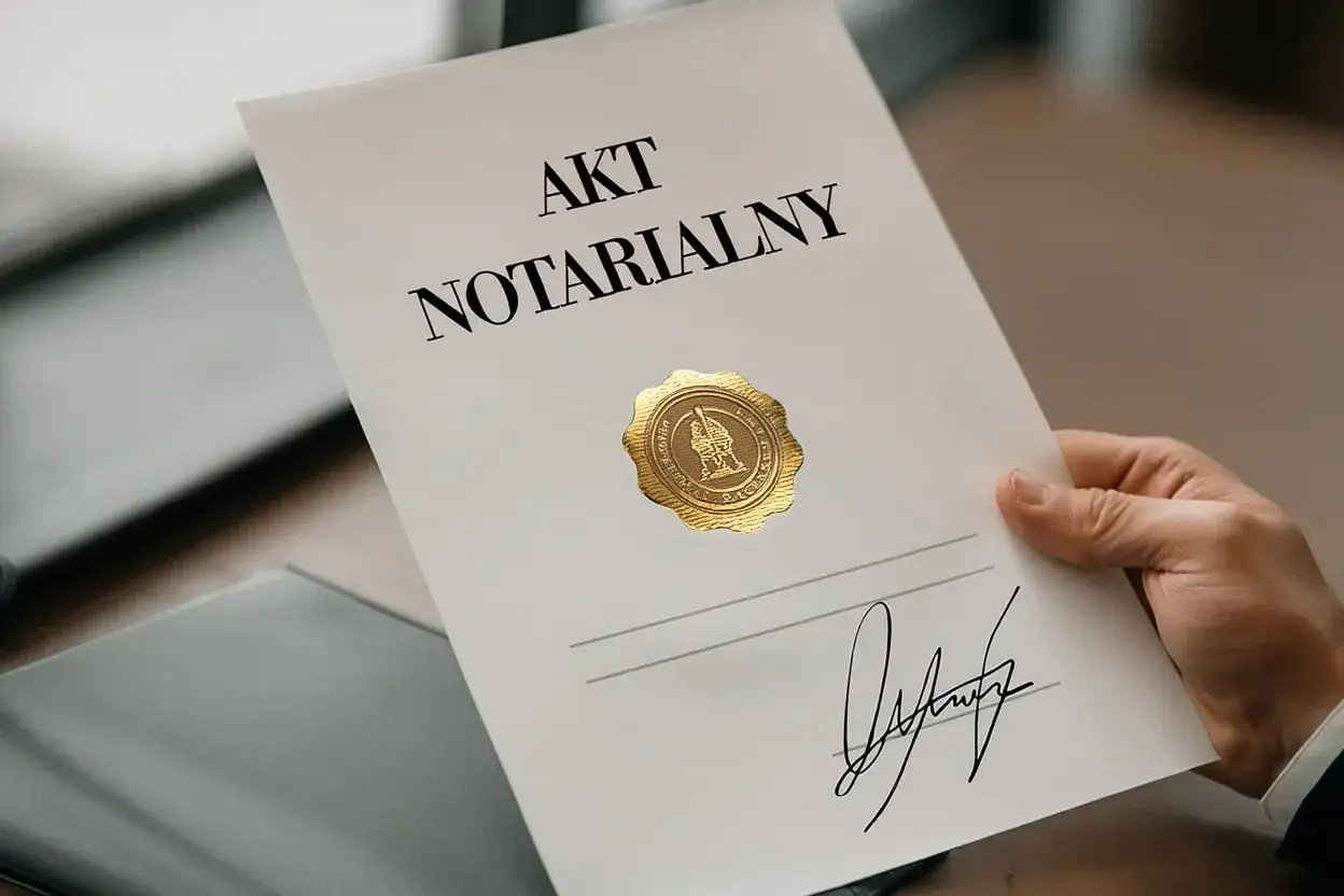 Odpis aktu notarialnego po 10 latach, trzymany w dłoni. Dokument z pieczęcią i podpisem.