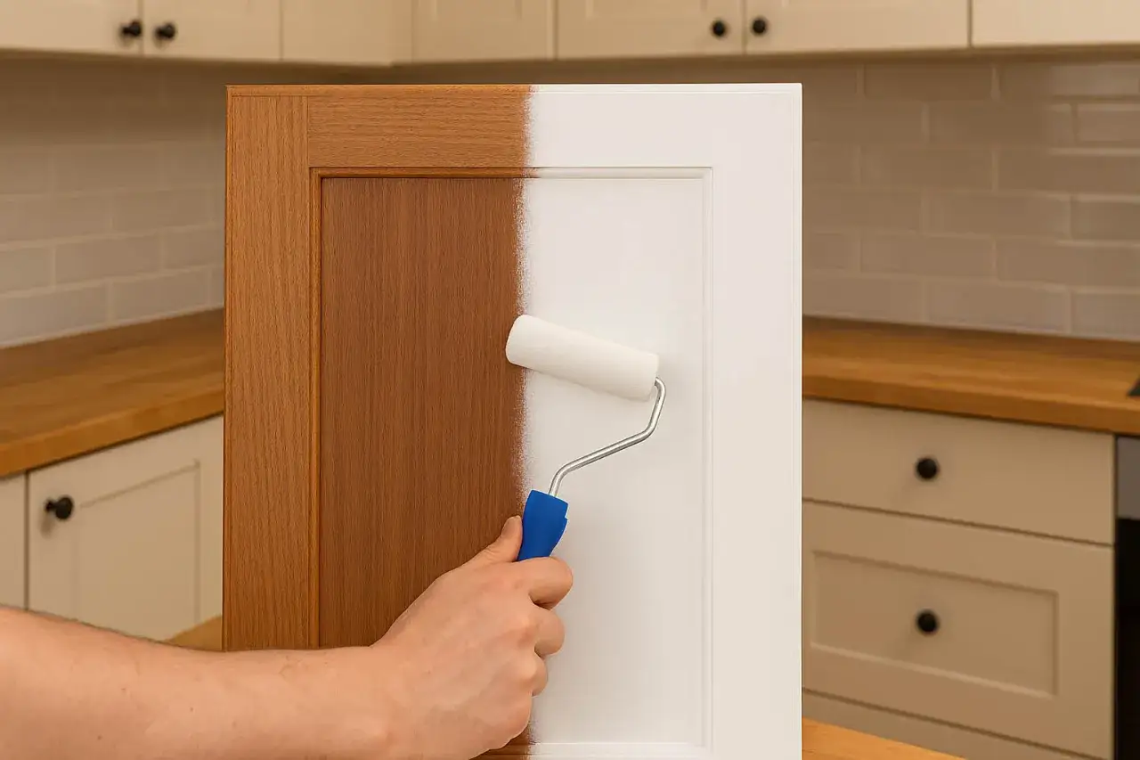 Ręka maluje wałkiem mebel na biało. Widać efekt metamorfozy, jaki wałek do malowania mebli daje.