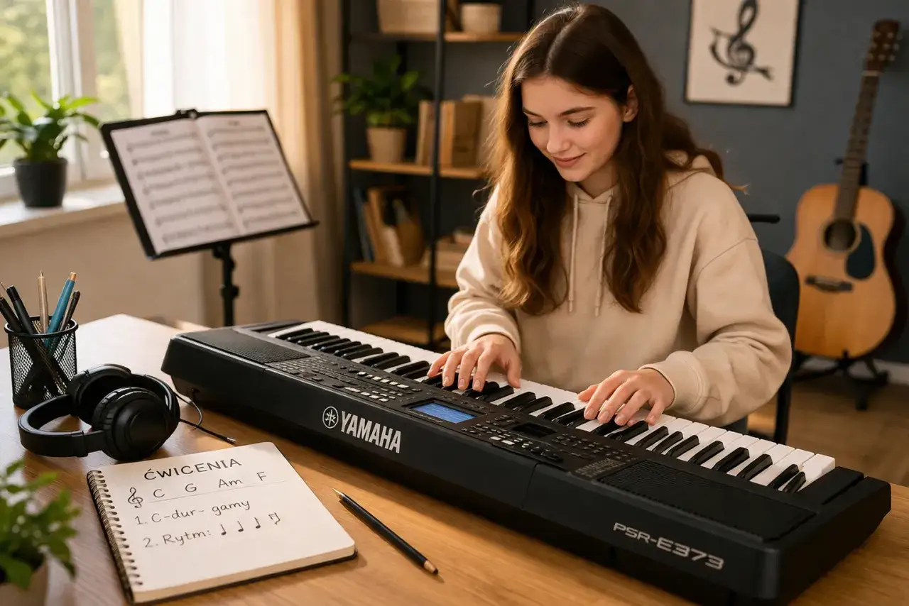 Dziewczyna ćwiczy grę na keyboardzie, patrząc na nuty. Opis klawiszy keyboardu jest widoczny na zeszycie.
