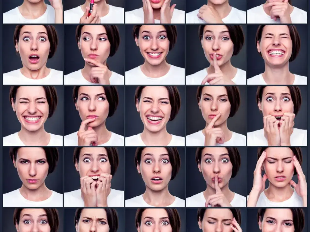 Kolaż zdjęć prezentujący szeroki wachlarz emocji. Mowa twarzy wyraża radość, zaskoczenie, zamyślenie, strach i wiele innych uczuć.