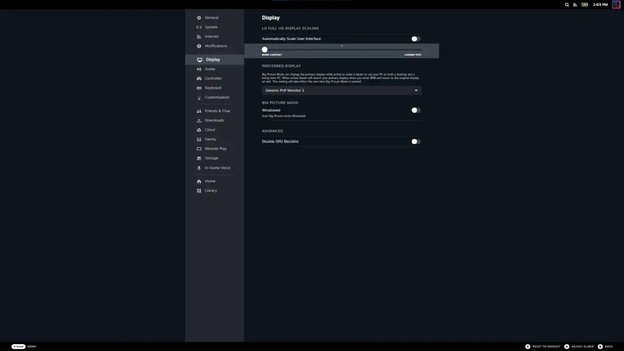 Steam settings interface, Big Picture options