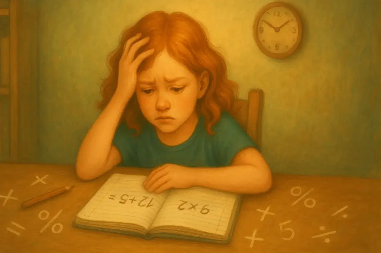 Smutna dziewczynka z rudymi włosami zmaga się z matematyką. Jej ręka opiera się na czole, a na stole leży otwarty zeszyt z zadaniami. Obraz symbolizuje dyskalkulię u dorosłych.