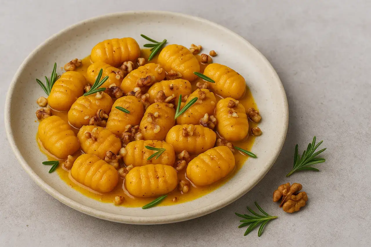 Pyszne gnocchi z dyni w sosie z orzechami włoskimi i rozmarynem. Idealne jesienne danie.