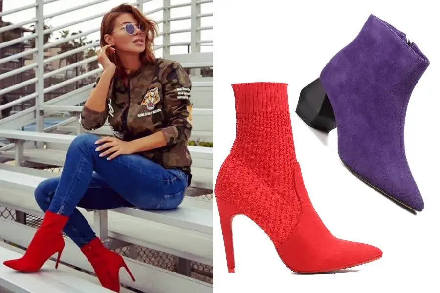 kolorowe botki na obcasie stylizacje