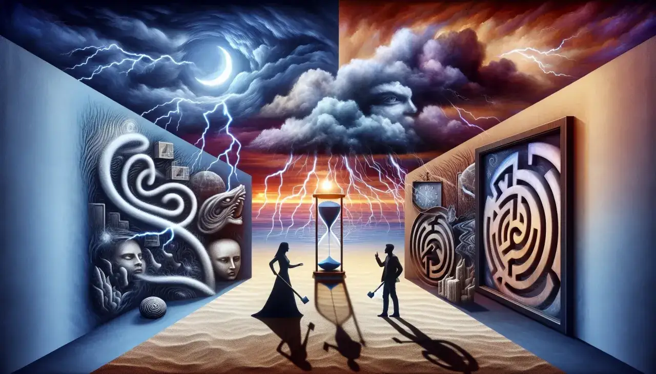 Sennik bić kogoś: surrealistyczny krajobraz z klepsydrą, labiryntami, burzą i twarzami.
