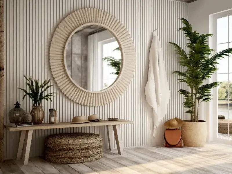 Nowoczesny przedpok&oacute;j z lamelami ściennymi i lustrem