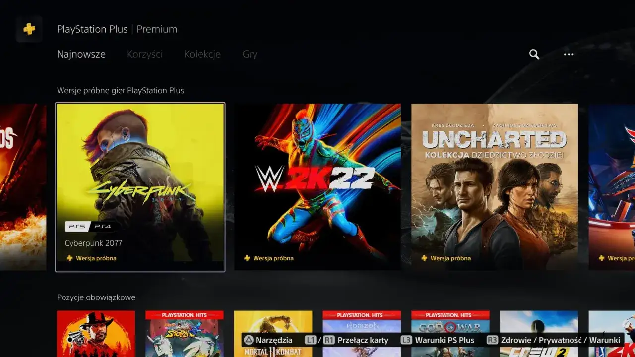 Menu PlayStation Plus z grami Cyberpunk 2077, WWE 2K22 i Uncharted. Dostępne wersje próbne gier w ramach subskrypcji PlayStation Plus Extra.