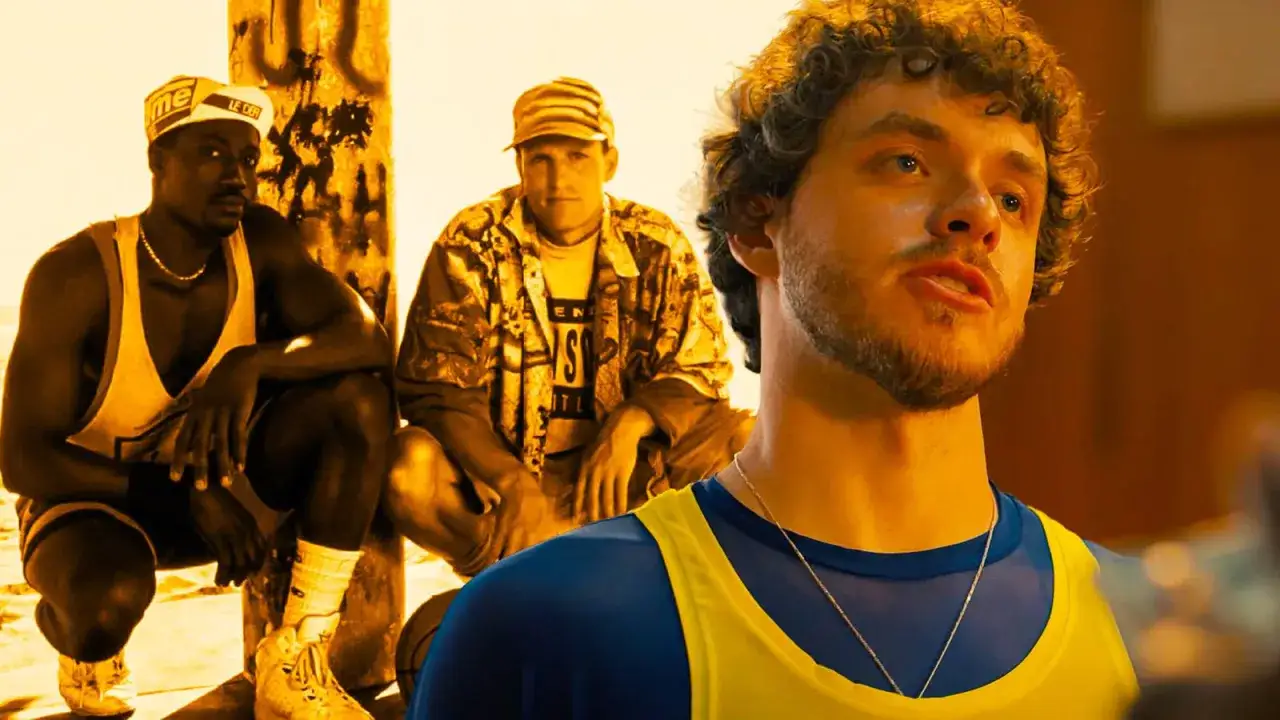 Trzech mężczyzn w sportowych strojach. Jeden z nich, czarnoskóry, siedzi przy słupie, drugi, biały, w czapce i wzorzystej kurtce, siedzi za nim. Trzeci, biały, z kręconymi włosami, patrzy w bok. Mówi się, że biali nie potrafią skakać, ale to nie przesz...