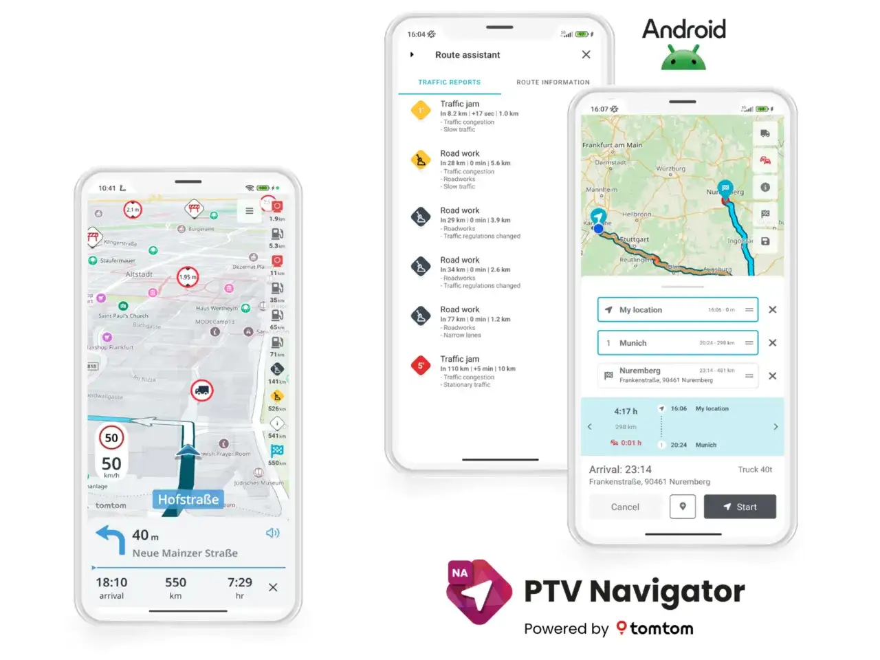 Najlepsza nawigacja dla ciężar&oacute;wek na telefon: PTV Navigator z TomTom. Widok mapy i raporty drogowe.