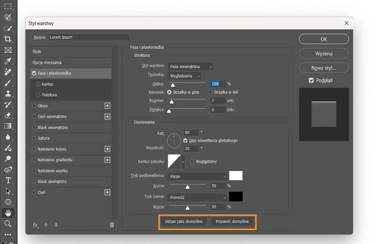 Photoshop style warstwy cień rzucany okno