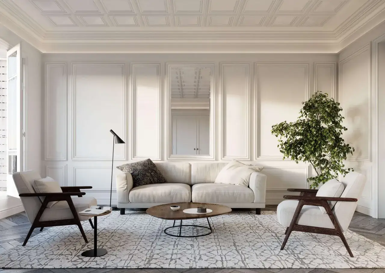 Elegancka ściana w salonie z panelami i lustrem. Idealna inspiracja, co na ścianę w salonie, by stworzyć przytulną atmosferę.