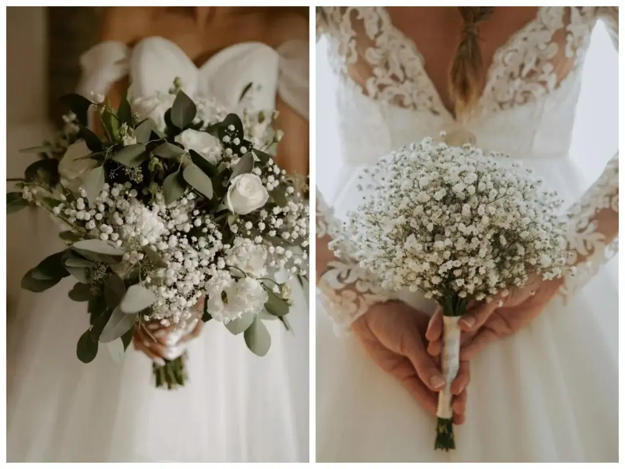 Dwa bukiety ślubne. Jeden z r&oacute;żami i zielenią, drugi z samą gips&oacute;wką. Delikatna dekoracja kościoła.