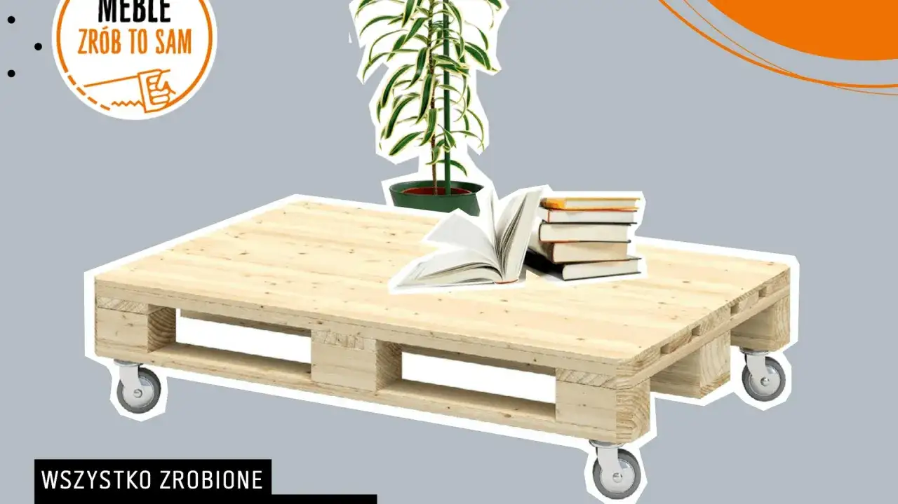 Drewniany stol z palet na kółkach, z otwartą książką i stosem książek, a w tle roślina. Idealny do salonu.