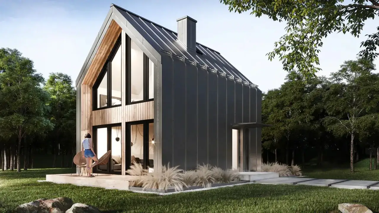 Nowoczesny dom z drewnianymi i metalowymi elementami, otoczony drzewami. Idealne miejsce na wypoczynek, nawet jeśli to dom bez pozwolenia.