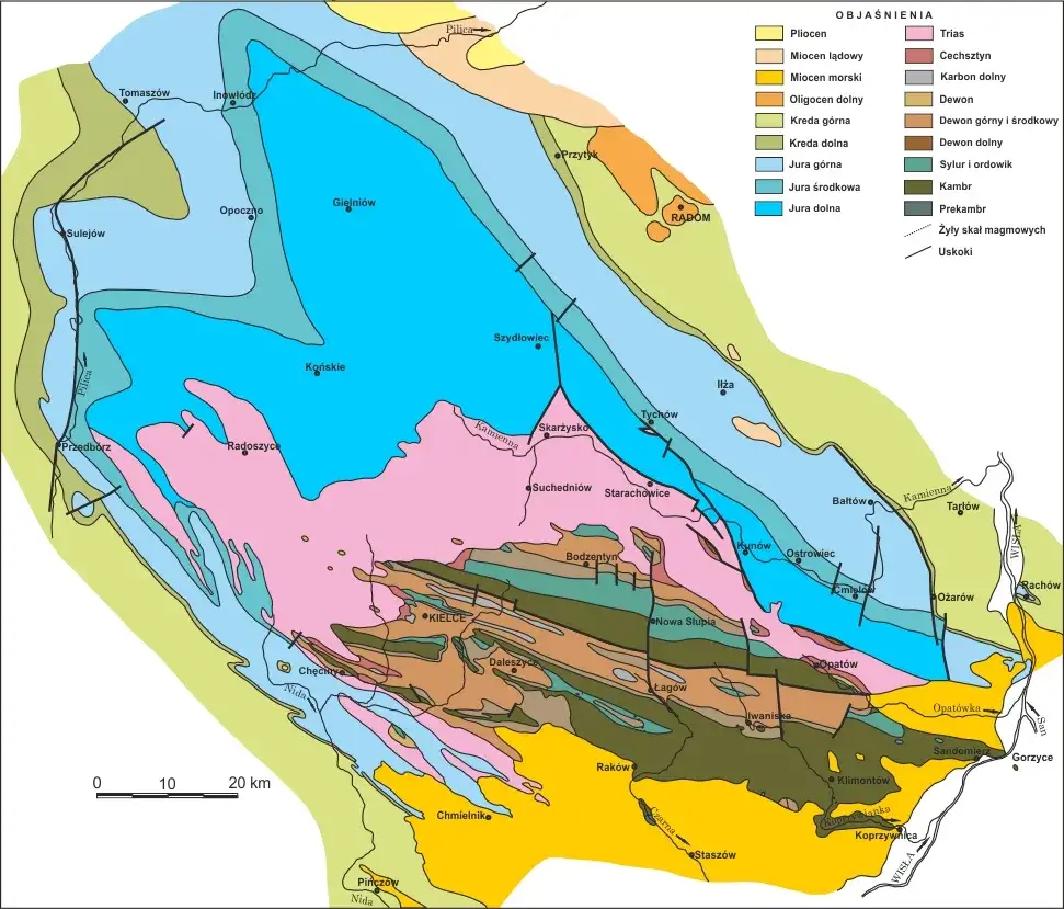 Mapa geologiczna Gór Świętokrzyskich z zaznaczonymi lokalizacjami minerałów