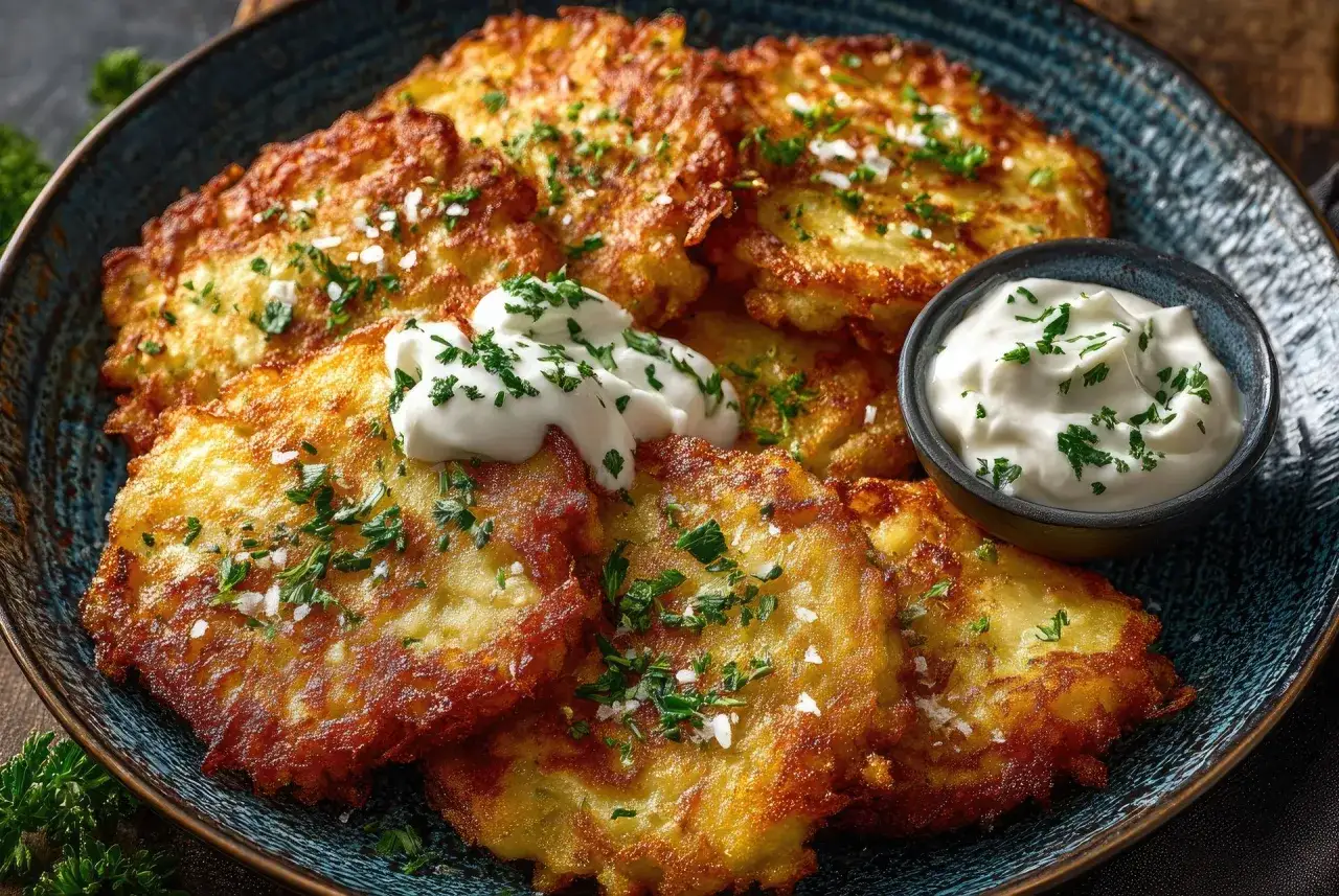 Złociste placki ziemniaczane z chrupiącymi brzegami, udekorowane śmietaną i natką pietruszki. Idealny sos do plack&oacute;w ziemniaczanych.