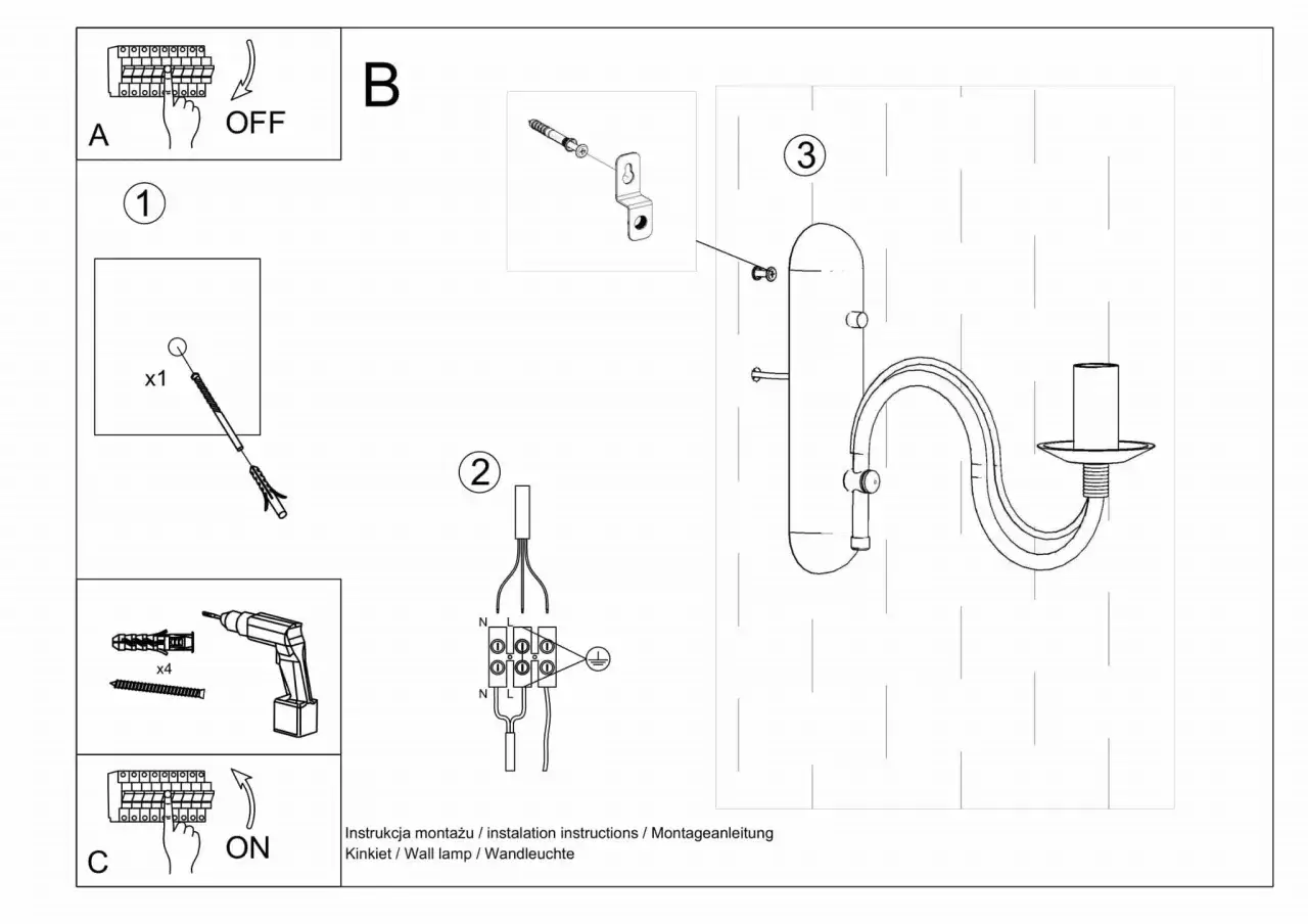 Instrukcja montażu kinkietu świecznikowego: wyłącz zasilanie, zamontuj uchwyt, podłącz przewody, włącz zasilanie.