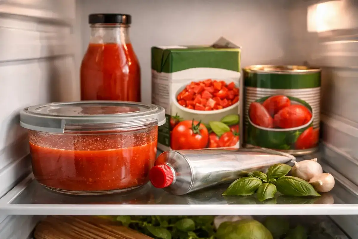 Słoik, butelka, puszka i tubka z pomidorami, a także czosnek i bazylia. Czy passata pomidorowa jest lekkostrawna?