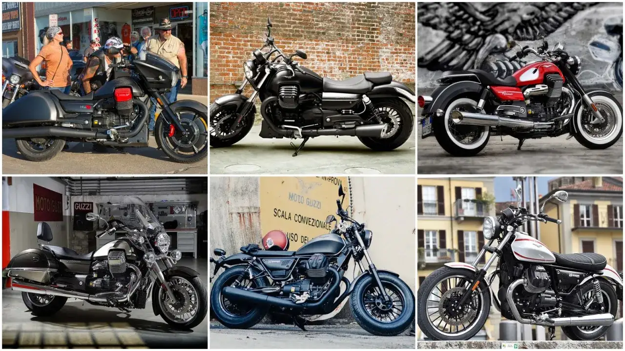 Kolekcja motocykli Moto Guzzi, w tym stylowy motor chopper w różnych odsłonach.