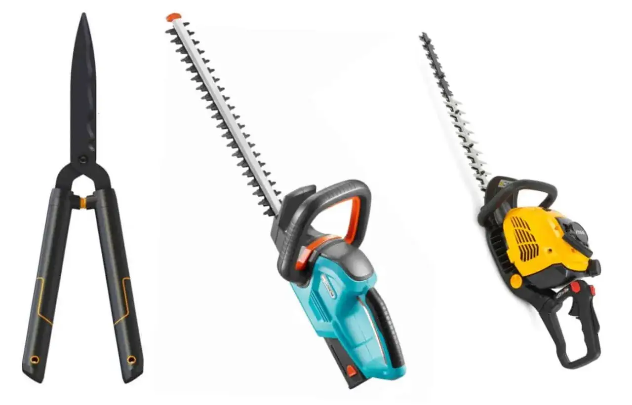 Trzy narzędzia do pielęgnacji ogrodu: nożyce do żywopłotu, elektryczne kosiarki do żywopłotu w kolorze turkusowym i żółtym.