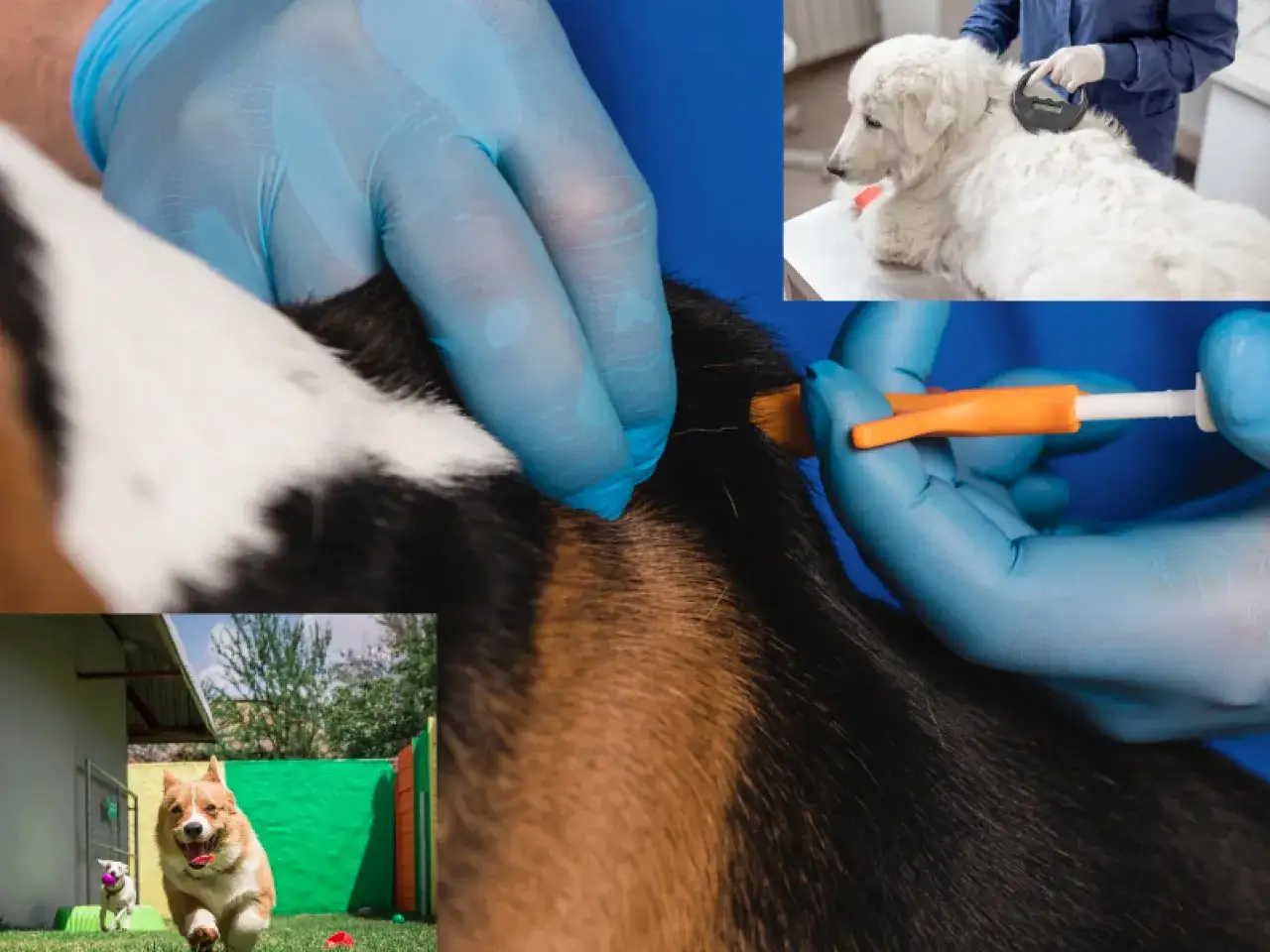 Widzisz, jak wygląda chip dla psa: weterynarz podaje go pod sk&oacute;rę. Na innych zdjęciach psy biegają i są skanowane.