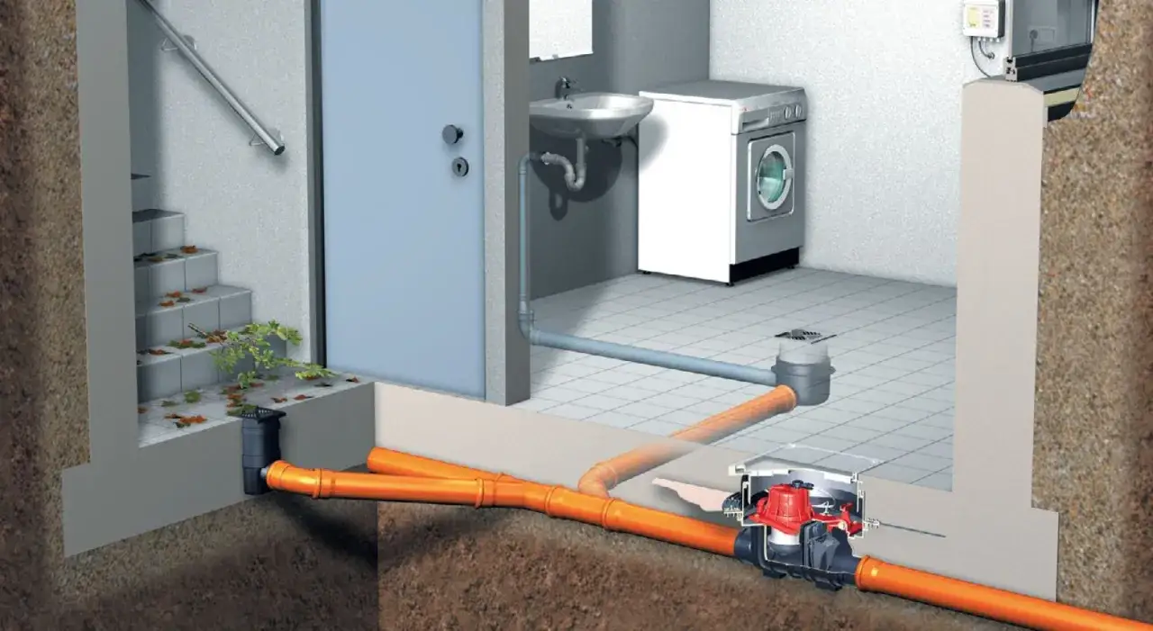Schemat odpowietrzenia kanału sanitarnego w domu parterowym. Widoczne schody, pralka, umywalka i system rur.