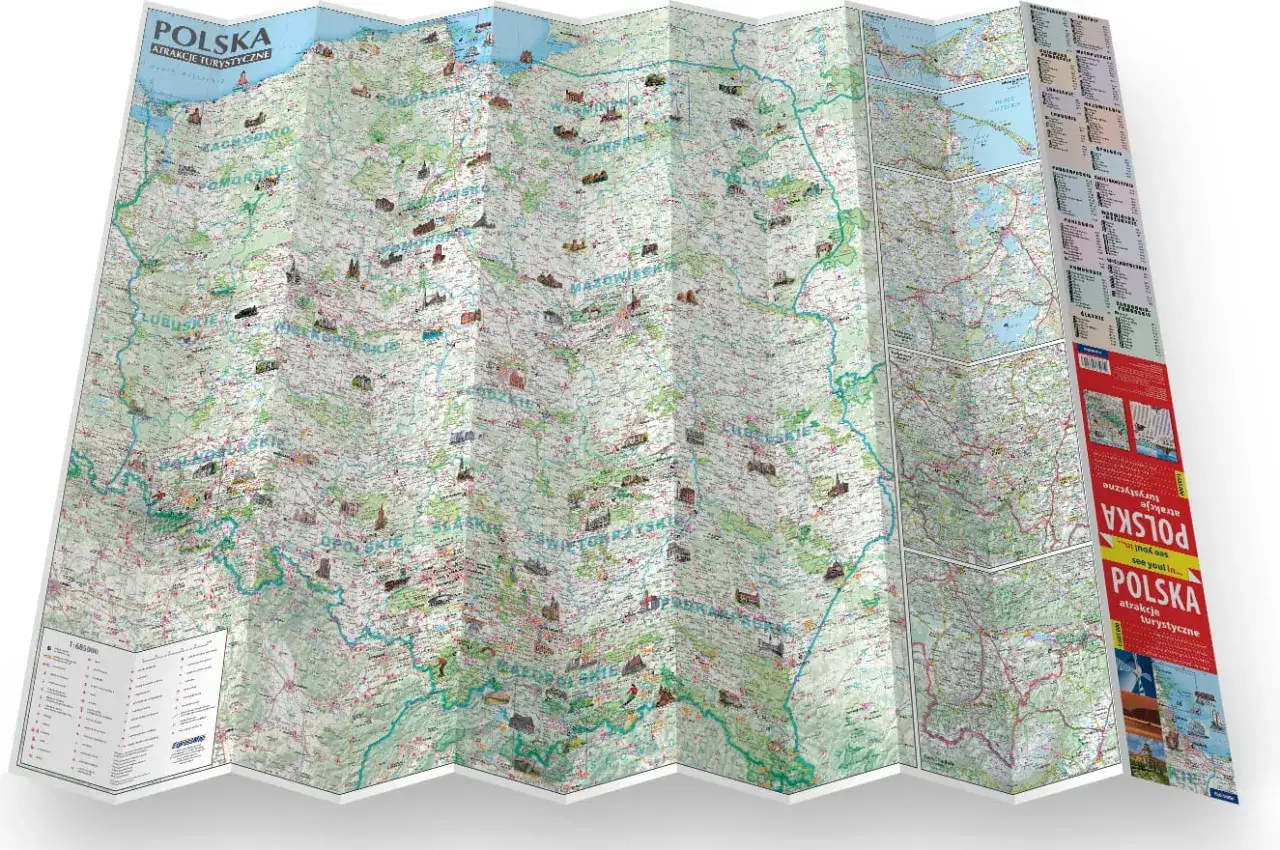 Mapa Polski z zaznaczonymi atrakcjami turystycznymi, w tym zabytkami i krajobrazami. Idealna do planowania podróży i odkrywania atrakcji w górach.