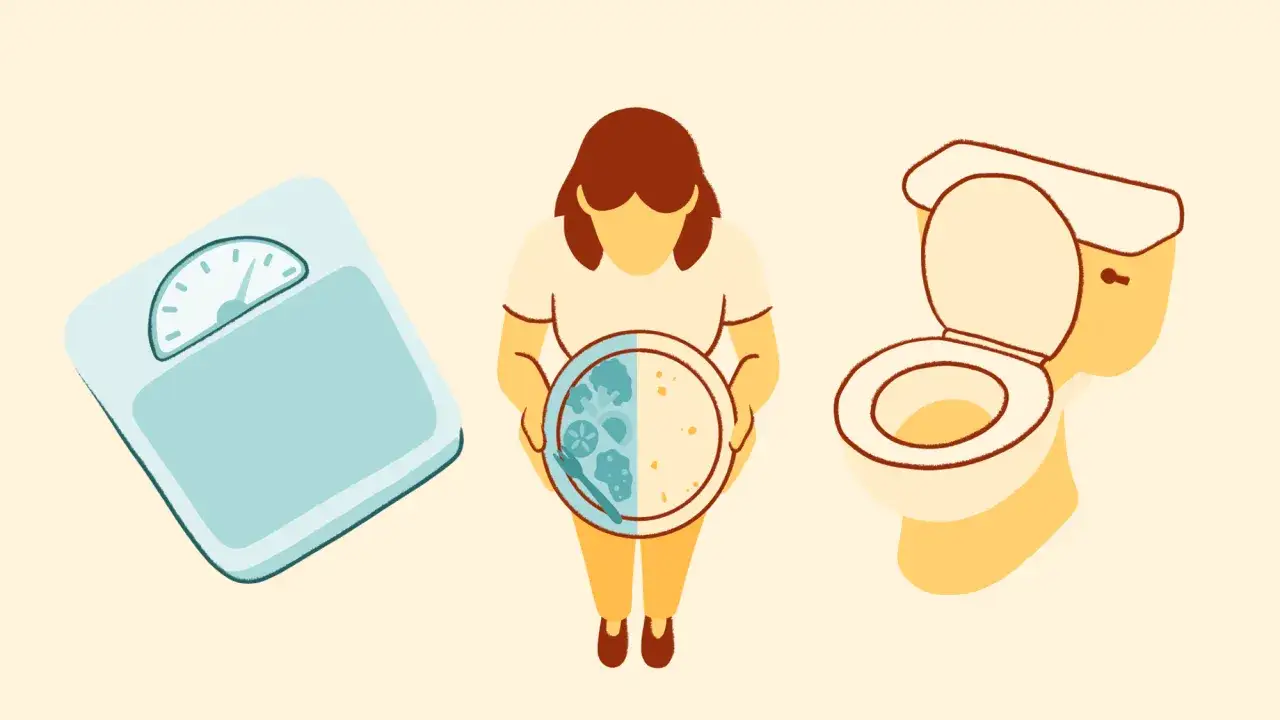 Waga, talerz z jedzeniem i toaleta symbolizują cykl bulimii. Co to jest? To poważne zaburzenie odżywiania.