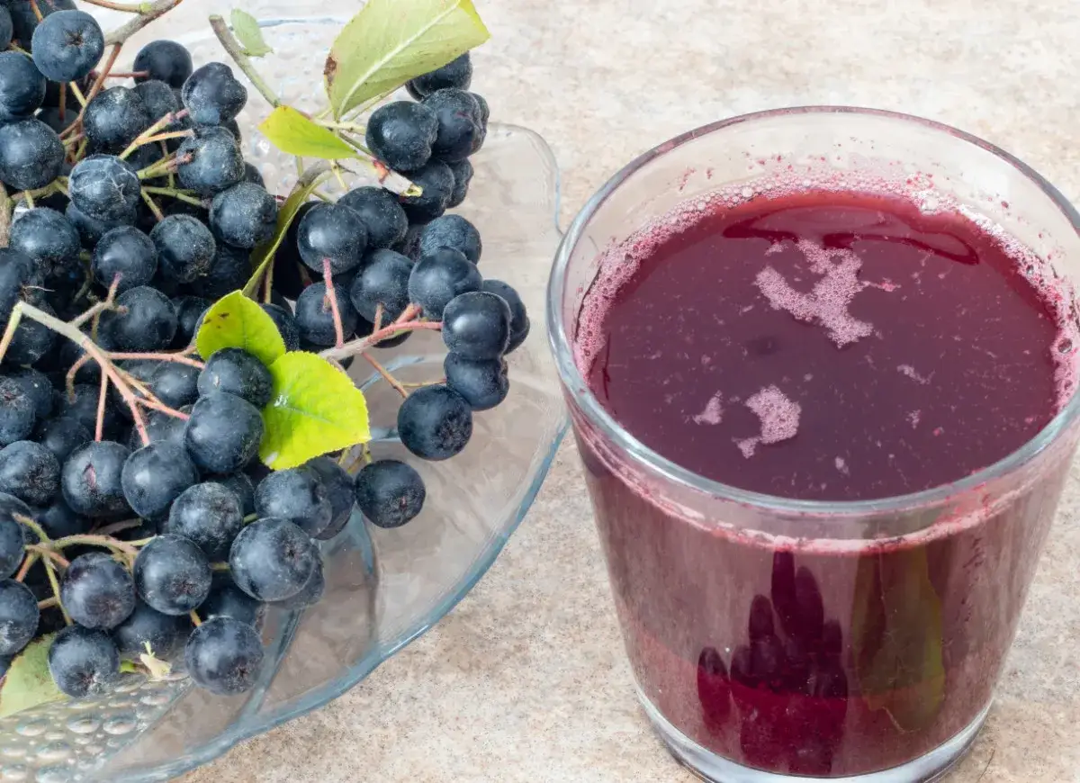 Świeża aronia na talerzu i szklanka soku. Idealne składniki, by dowiedzieć się, jak mrozić aronię na zimę.