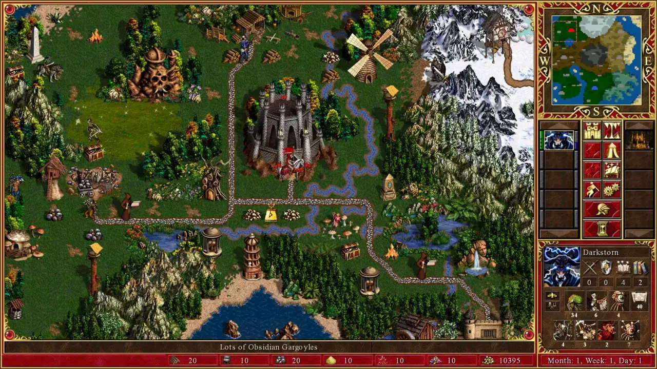 Mapa gry Might and Magic: Heroes III. Zamek, lasy, góry, rzeki i minerały. W prawym dolnym rogu panel z jednostkami i zasobami.