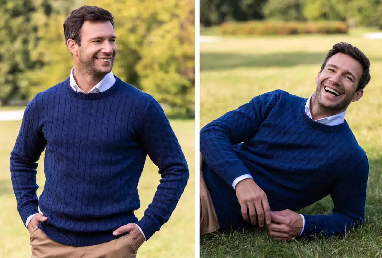 mężczyzna w swetrze V-neck na koszuli, mężczyzna w swetrze crew neck na koszuli, kardigan męski stylizacje