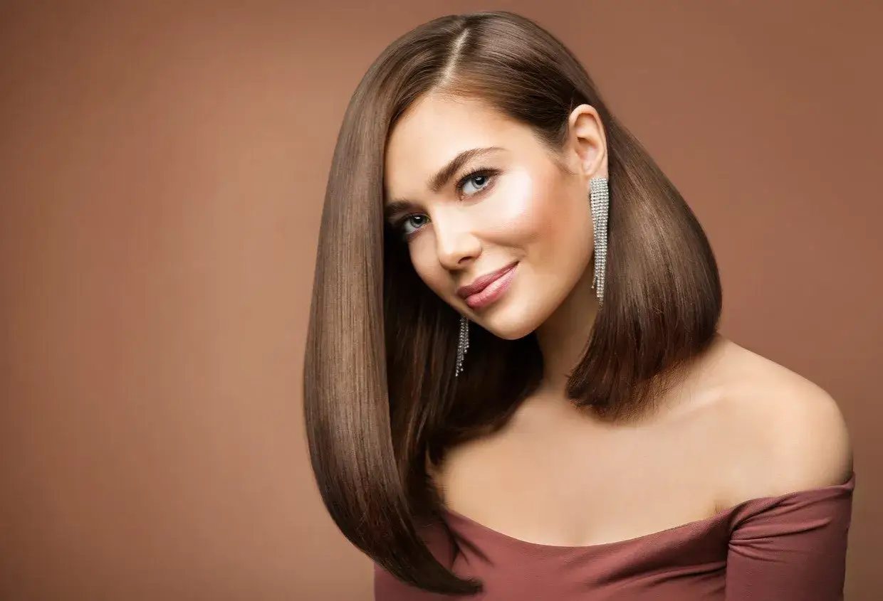 Elegancka kobieta z błyszczącymi, brązowymi włosami w stylu long bob, ozdobiona długimi, srebrnymi kolczykami.
