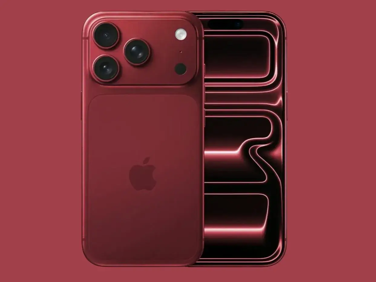 Czerwony iPhone 18 Pro Max z potr&oacute;jnym aparatem i futurystycznym ekranem.
