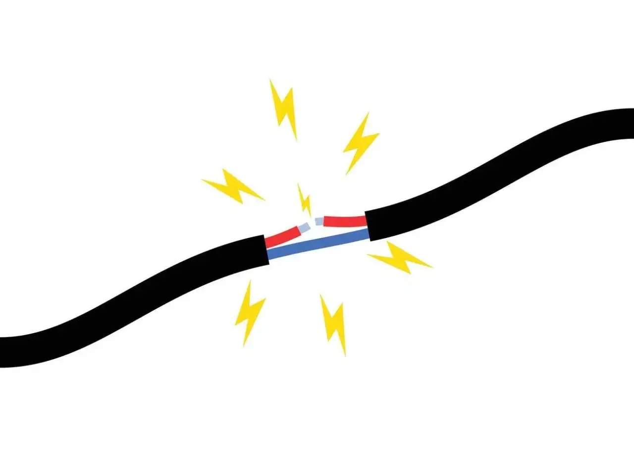 Uszkodzony kabel z widocznymi przewodami czerwonym i niebieskim, otoczony błyskawicami. Symbolizuje to problem z połączeniem szeregowym.